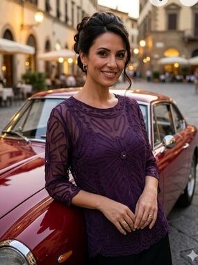 Maccine Purple Sheer Mesh Embroidered Blouse